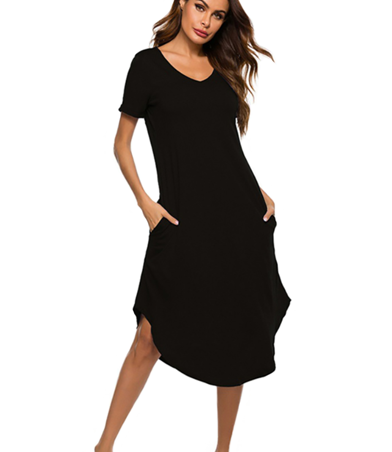 Womens Long Nightdress Ankle-Length Nightgowns Short Sleeve V Neck Loungewear Pajamas Sleepwear with 2 Pockets,Sleep Shirt ,Casual Cotton Plus Size Sleepdress for Girls House Dress,Black S-3XL